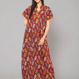 Winza Designer Ethnic Motifs Printed Pure Cotton Maxi Nightdress-image-57
