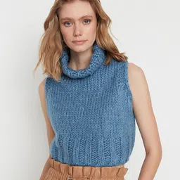 Trendyol Women Blue Ribbed Crop Sweater Vest-38