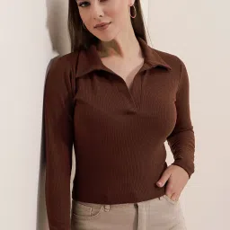 Casual Regular Sleeves Solid Women Brown Top-picture-4