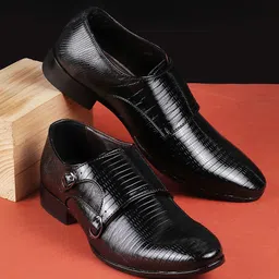 Metro Men Textured Leather Formal Monk Shoes With Buckle Detail-picture-13