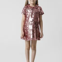 KATE & OSCAR Pink Embellished Sequin Peter Pan Collar Georgette A-Line Dress-image-38