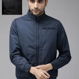 Roadster Men Navy Blue & Black Solid Reversible Bomber Jacket-39