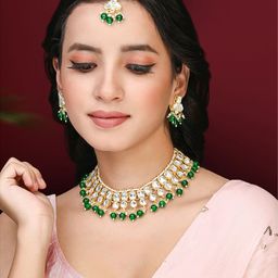 Peora Gold Plated Kundan Stone Studded & Beaded Jewellery Set-image-2