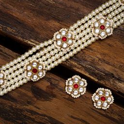 Zaveri Pearls White & Gold Plated Pearls Choker Jewellery Set-image-21