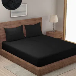 HOSTA HOMES Black Striped 300 TC Cotton Fitted King Bedsheet with 2 Pillow Covers-image-44