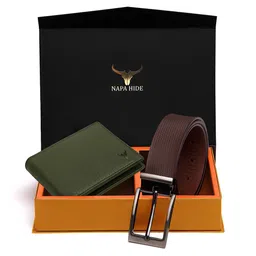 NAPA HIDE Men Olive Green & Brown RFID Protected Genuine Leather Accessory Gift Set-1