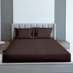 LABHAM Coffee Brown Striped 210 TC Cotton King Flat Bedsheet with 2 Pillow Covers-image-86