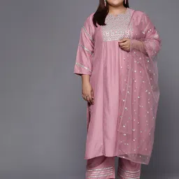 Varanga Women Pink Ethnic Motifs Embroidered Mirror Work Kurta with Trousers & Dupatta-picture-26