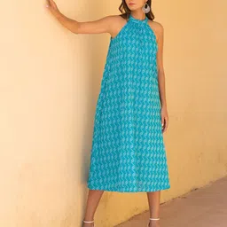 KAORI BY SHREYA AGARWAL Self Design Halter Neck Gathered Detailed Cotton A-Line Dress-image-7
