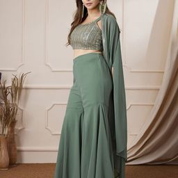 Janasya Georgette Sequined Crop Top With Sharara & Cape Set image 4