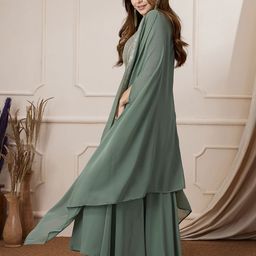 Janasya Georgette Sequined Crop Top With Sharara & Cape Set image 5
