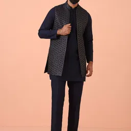 KISAH Men Zari Regular Fit Woven Design Kurta Nehru Jacket Trouser Set image 2