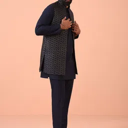 KISAH Men Zari Regular Fit Woven Design Kurta Nehru Jacket Trouser Set image 4
