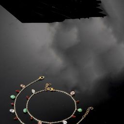 DUGRISTYLE Set Of 2 Gold-Plated Kundan-Studded & Pearl-Beaded Anklets-12