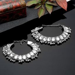 Sangria Set Of 2 Silver-Plated Kundan-Studded Anklets-54