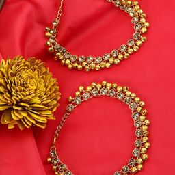 ANIKAS CREATION Set Of 2 Gold-Plated Kundan-Studded & Beaded Anklets-image-66