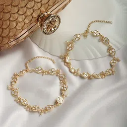 TEEJH Pack Of 2 Stone-Studded & Pearl Beaded Polki Anklet-39