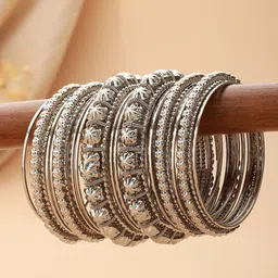 Jazz and Sizzle Set Of 18 Silver-Plated Textured Oxidised Bangles-image-36