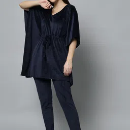 BROOWL Women Navy Blue Solid Velvet Kaftan Co-Ords Set-image-8