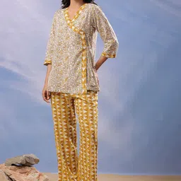 JISORA Mustard Yellow Ethnic motifs Printed Cotton  Tunic & Trousers Co-Ords-40