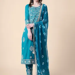Mollar Floral Embroidered Thread Work Kurta with Trousers & With Dupatta image 1