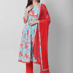 Haute and Humble Floral Printed Empire Pure Cotton Kurta With Trousers & Dupatta-image-5