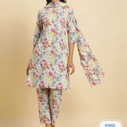 W Women Floral Printed Keyhole Neck Pure Cotton Kurta With Trousers & Dupatta-picture-23