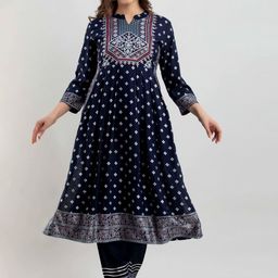 NAYRAH Women's Blue Embroidered Empire Kurta With Trousers & Dupatta-image-34