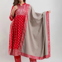 NAYRAH Women Red Ethnic Motifs Printed Pleated Kurta with Trousers & With Dupatta-12