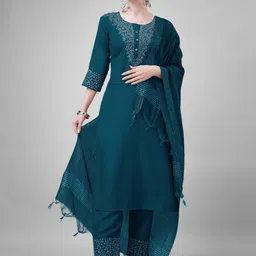 ARADHNA Ethnic Motifs Yoke Design Regular Sequinned Straight Kurta With Trousers & Dupatta-picture-7