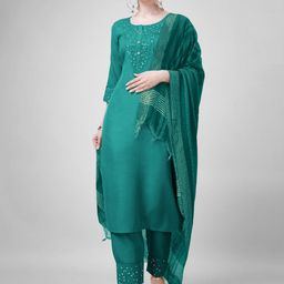 ARADHNA Ethnic Motifs Yoke Design Regular Sequinned Straight Kurta With Pyjamas & Dupatta-image-97