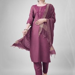 ARADHNA Floral Yoke Design Regular Sequinned Straight Kurta With Trousers & Dupatta-0