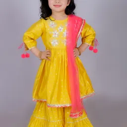 LIL DRAMA Girls Floral Embroidered Empire Kurta with Sharara & Dupatta-picture-52