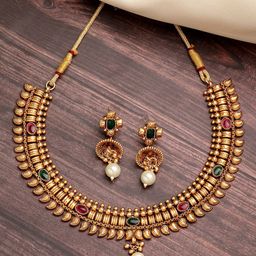 ZENEME 18KT Gold-Plated Floral Kundan Stone Studded & Pearls Beaded Jewellery Set-5