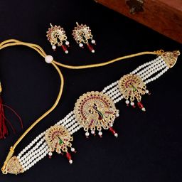 Silvermerc Designs Women Gold-Plated White Kundan Studded Peacock Brooch Jewellery Set-picture-43