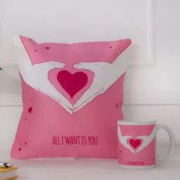 DecorTwist White & Pink 2 Pieces Heart Printed Cushion With Coffee Mug-image-21