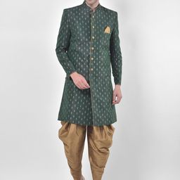 DEYANN Men Dark-Green & Gold-Colored Printed Sherwani Set-11