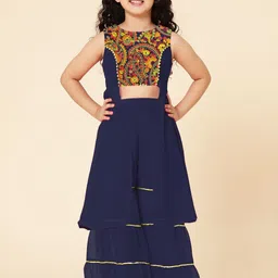 A T U N Girls Navy Blue Embroidered Kurta with Sharara-picture-17