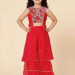 A T U N Girls Red Floral Embroidered Thread Work Kurta with Sharara-image-62