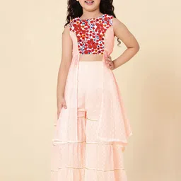 A T U N Girls Peach-Coloured Embroidered Panelled Kurta with Sharara-image-98