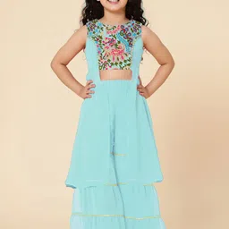 A T U N Girls Blue Floral Embroidered Thread Work Kurta with Sharara-picture-22