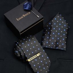 LOUIS STITCH Men Metal Black Italian Silk Necktie Accessory Gift Set-image-75