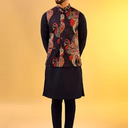 KISAH Mandarin Collar Regular Kurta with Trousers And Printed Nehru Jacket-46