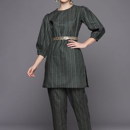 Indo Era Green Abstract Printed Round Neck Straight Kurta with Trousers-image-7