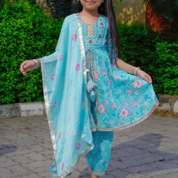 Stuffie Land Girls Ethnic Motifs Yoke Design Empire Mirror Work Pure Cotton Kurta Set-image-2