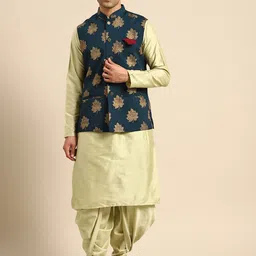 KISAH Mandarin Collar Straight Kurta with Dhoti Pants & Nehru Jacket-image-53