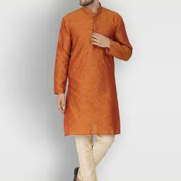 Enciger Men Brown Thread Work Dupion Silk Kurta with Churidar-image-68