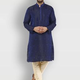 Enciger Men Blue Ethnic Motifs Thread Work Dupion Silk Kurta with Pyjamas-image-1
