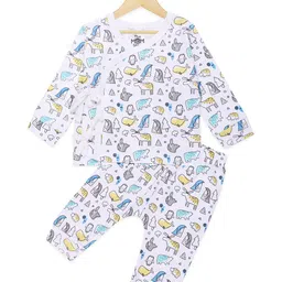 The Mom Store Kids White & Blue Printed Pure Cotton T-shirt with Trousers-picture-43