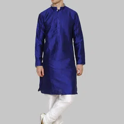 ROYAL KURTA Men Blue & White Solid Dupion Silk Straight Kurta with Pyjamas-picture-16